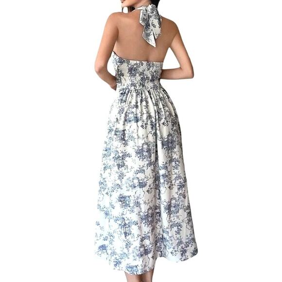 French Porcelain Print VTG Style Blue White Toile De Jouy Halter Dress Sz L - Picture 9 of 10